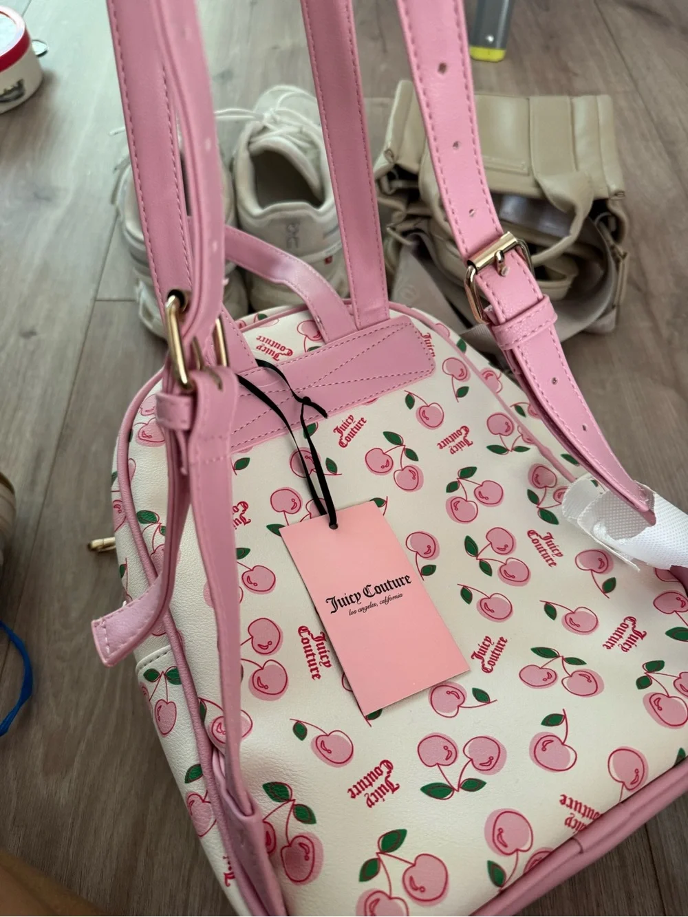 Juicy Couture Pink Cherry Print Mini Backpack with Pom Charm